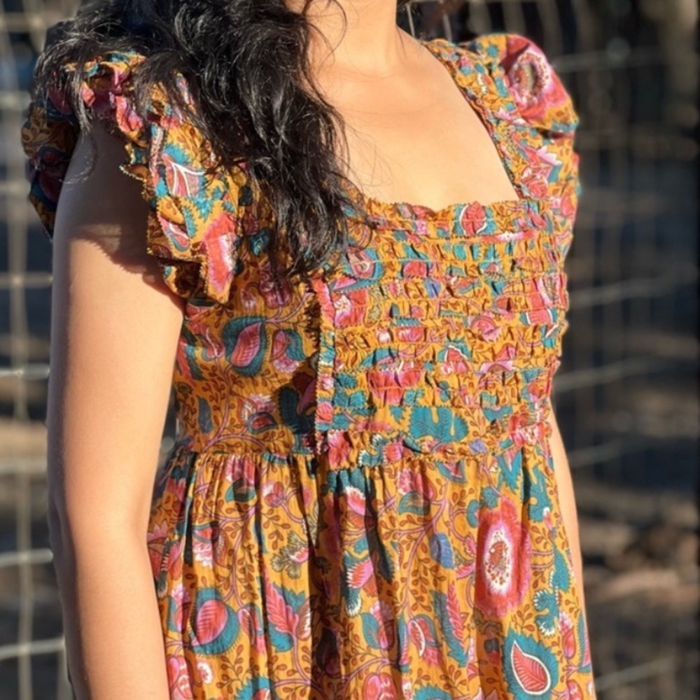 House of Harlow 1960 Jackie Mustard Floral Print Smocked Maxi Dress - Picture 6 of 13